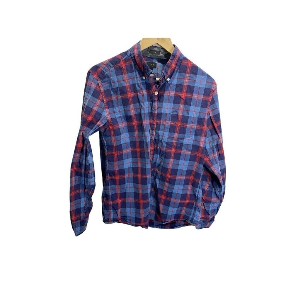 J.Crew Button Down Shirt Mens Medium Blue‎ Red Tartan Plaid Slim Fit Casual